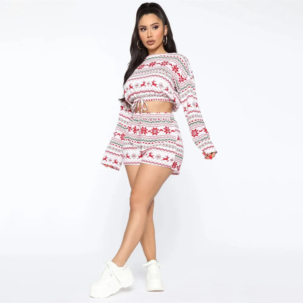 DressBetty - Christmas Pajama Sets Long Sleeve Crop Top Shorts 2Pcs Snowflake Print Knitted