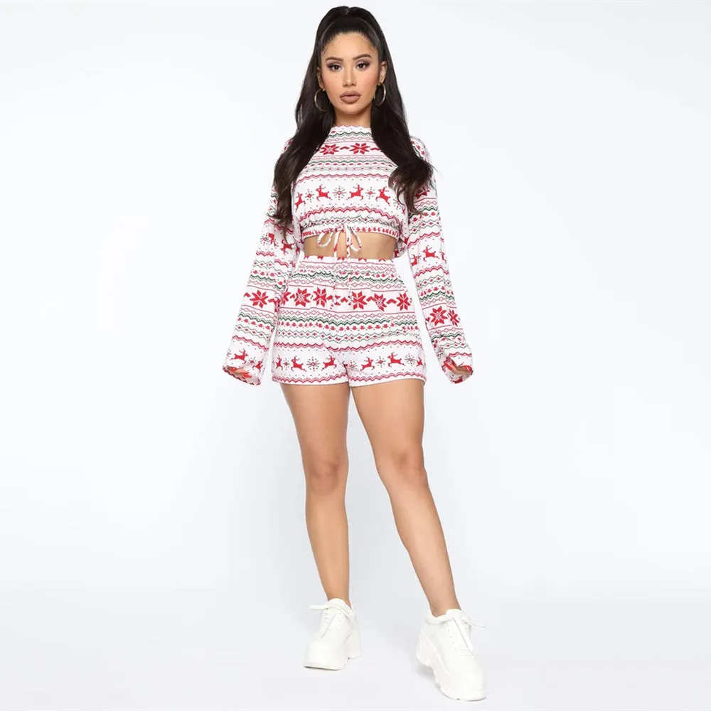 DressBetty - Christmas Pajama Sets Long Sleeve Crop Top Shorts 2Pcs Snowflake Print Knitted