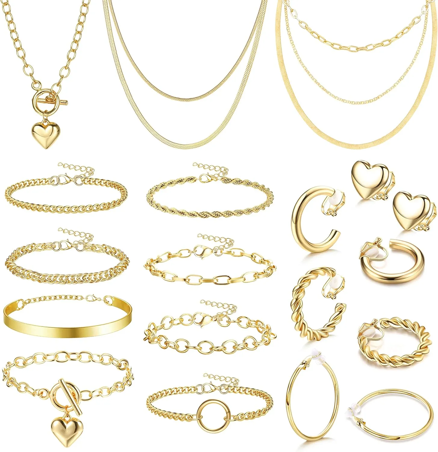 Drperfect Gold Silver Jewelry Sets for Women Trendy Heart Chain Necklace Bracelet Clip on Earrings Fashion Costume Jewelry Accessories Valentine Anniversary Christmas Birthday Gift