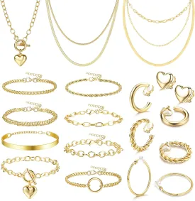 Drperfect Gold Silver Jewelry Sets for Women Trendy Heart Chain Necklace Bracelet Clip on Earrings Fashion Costume Jewelry Accessories Valentine Anniversary Christmas Birthday Gift