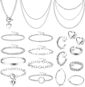 Drperfect Gold Silver Jewelry Sets for Women Trendy Heart Chain Necklace Bracelet Clip on Earrings Fashion Costume Jewelry Accessories Valentine Anniversary Christmas Birthday Gift