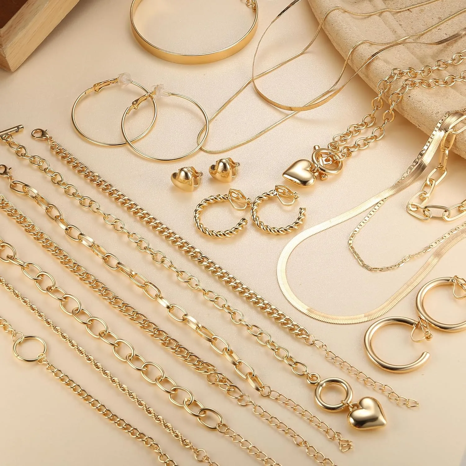 Drperfect Gold Silver Jewelry Sets for Women Trendy Heart Chain Necklace Bracelet Clip on Earrings Fashion Costume Jewelry Accessories Valentine Anniversary Christmas Birthday Gift