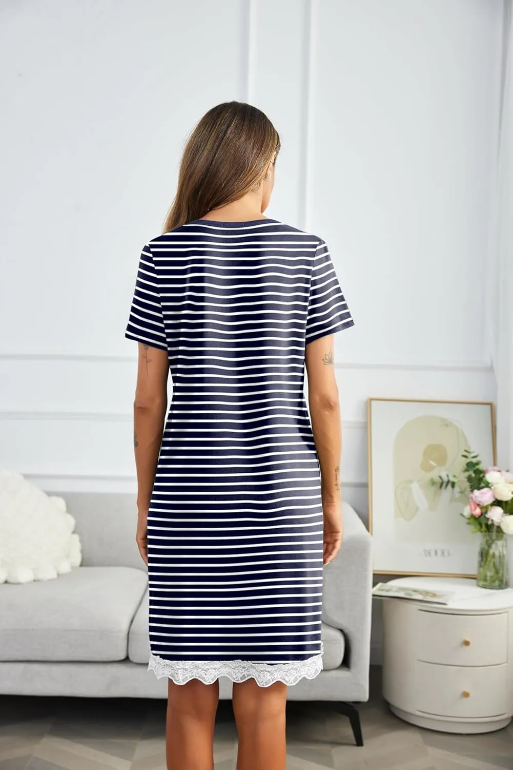 Ekouaer Women Striped Nightgowns Button Down Sleepshirts Short Sleeves Nightshirts