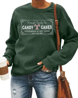 FASHGL Christmas Sweatshirts Women Candy Canes Graphic Sweatshirt Vintage Xmas Long Sleeve Shirt Pullover Tops