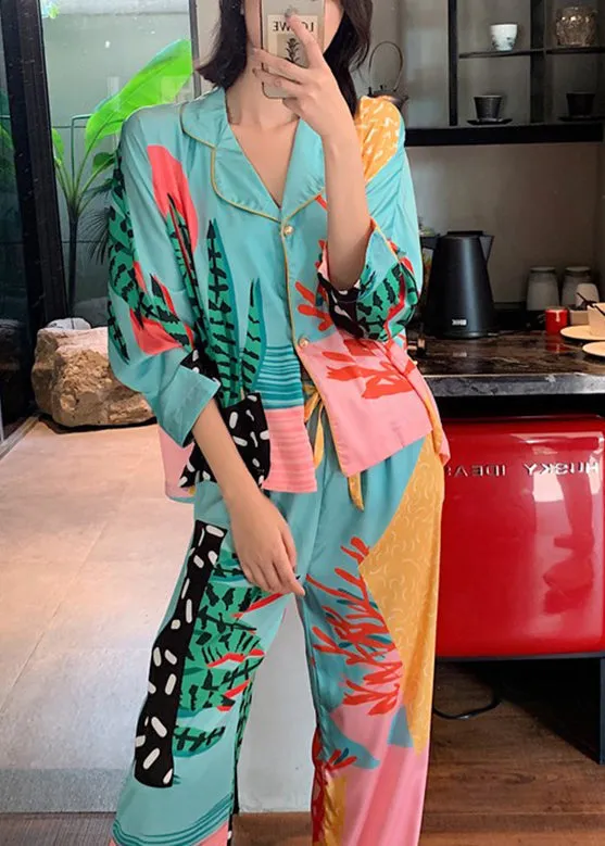 Fashion Peter Pan Collar Print Button Ice Silk Pajamas Two Pieces Set Spring TO1047