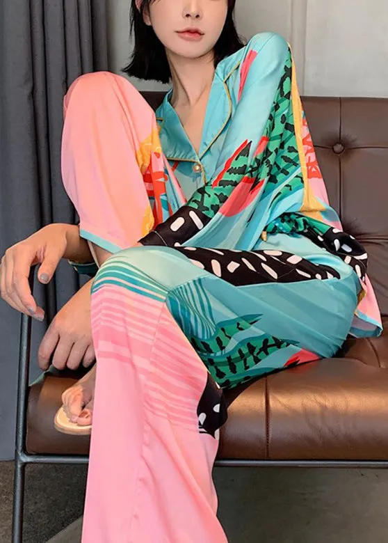 Fashion Peter Pan Collar Print Button Ice Silk Pajamas Two Pieces Set Spring TO1047