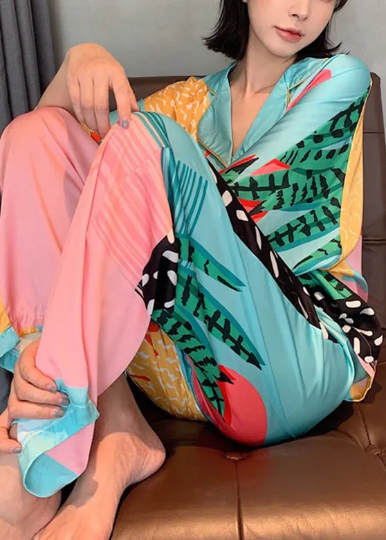 Fashion Peter Pan Collar Print Button Ice Silk Pajamas Two Pieces Set Spring TO1047