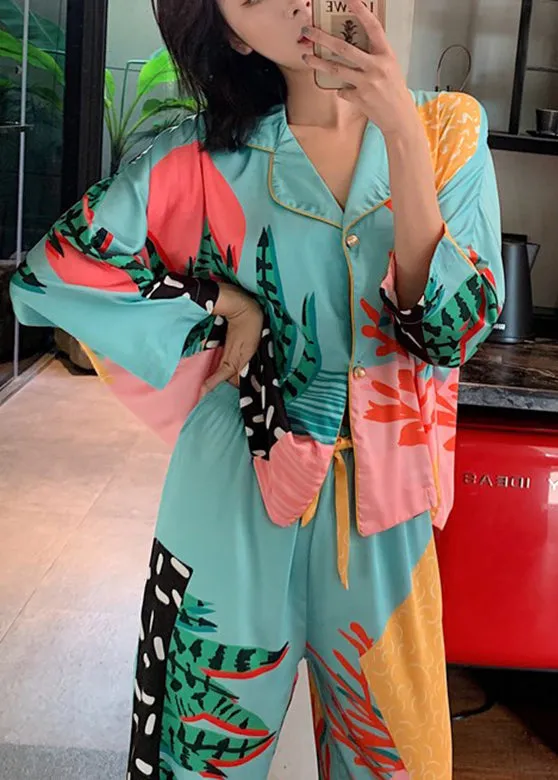 Fashion Peter Pan Collar Print Button Ice Silk Pajamas Two Pieces Set Spring TO1047