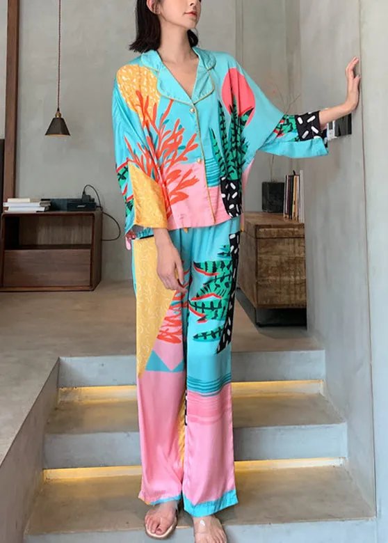Fashion Peter Pan Collar Print Button Ice Silk Pajamas Two Pieces Set Spring TO1047