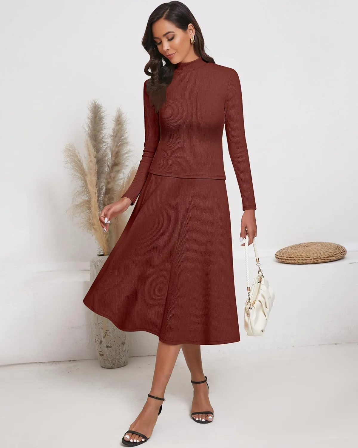 Ficerd 2 Pieces Women's Outfits Dressy Sets, Long Sleeve Mock Neck Tops Ribbed Knit Midi Swing Skirt Fall Winter Flowy Sets