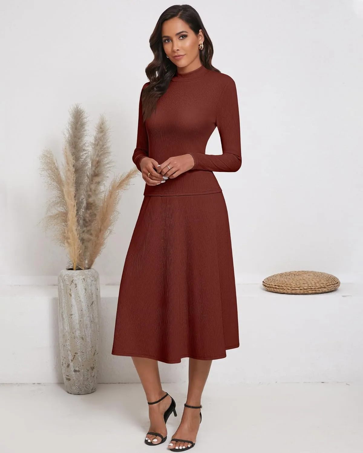 Ficerd 2 Pieces Women's Outfits Dressy Sets, Long Sleeve Mock Neck Tops Ribbed Knit Midi Swing Skirt Fall Winter Flowy Sets