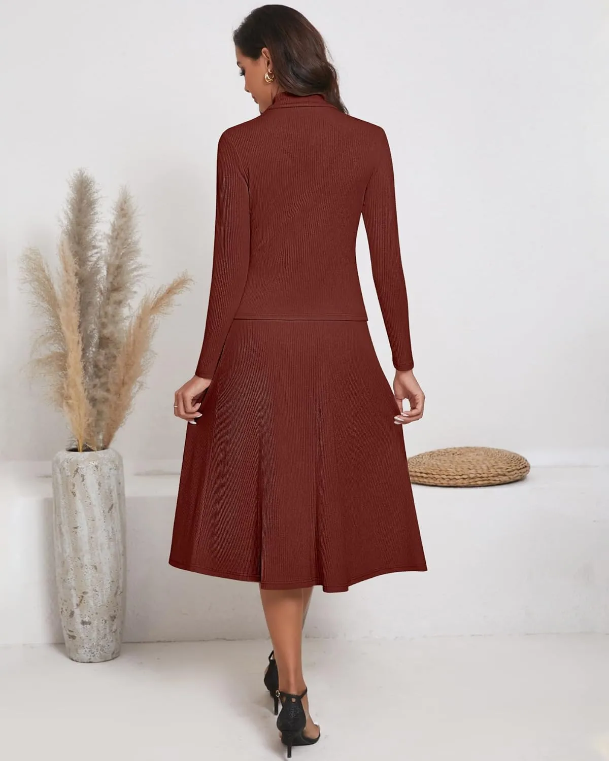 Ficerd 2 Pieces Women's Outfits Dressy Sets, Long Sleeve Mock Neck Tops Ribbed Knit Midi Swing Skirt Fall Winter Flowy Sets