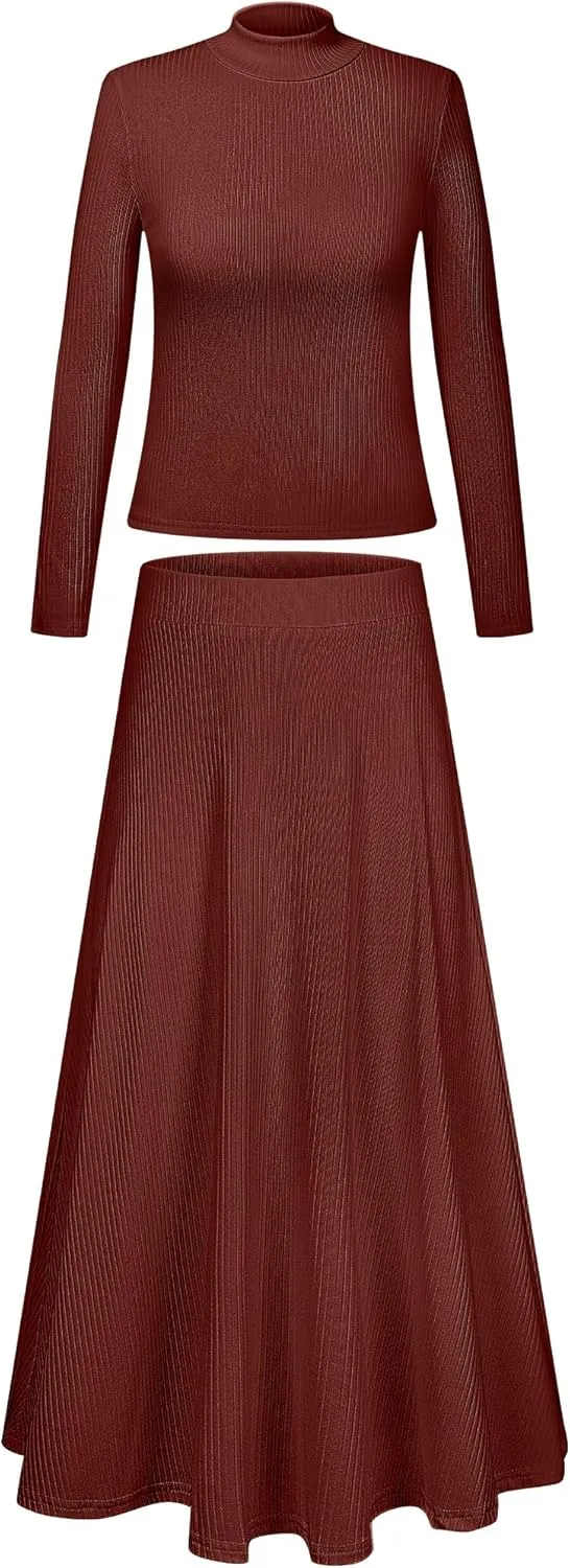 Ficerd 2 Pieces Women's Outfits Dressy Sets, Long Sleeve Mock Neck Tops Ribbed Knit Midi Swing Skirt Fall Winter Flowy Sets