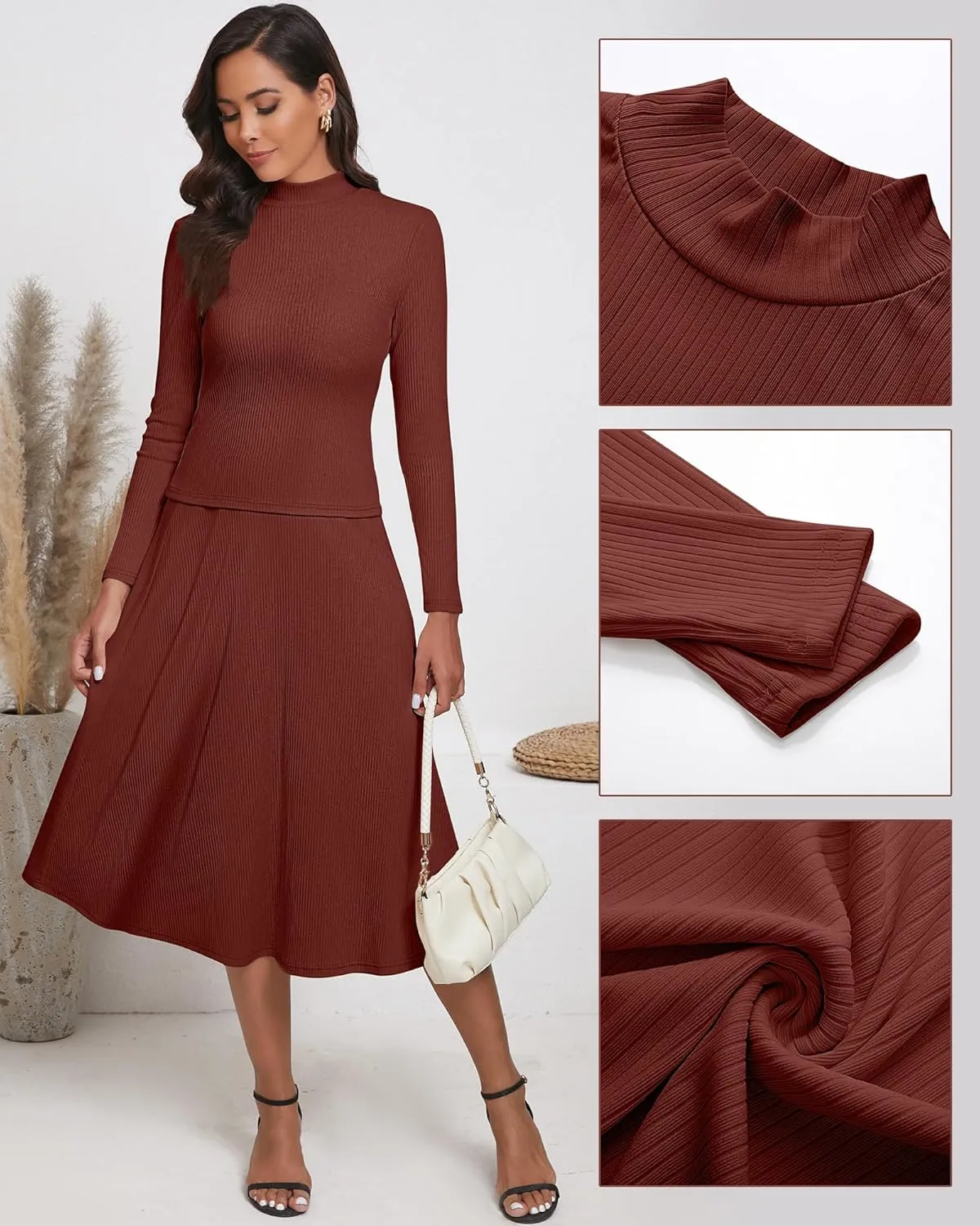 Ficerd 2 Pieces Women's Outfits Dressy Sets, Long Sleeve Mock Neck Tops Ribbed Knit Midi Swing Skirt Fall Winter Flowy Sets