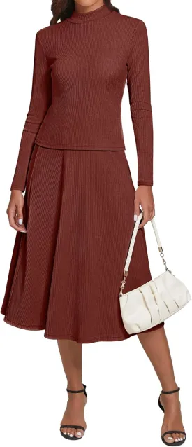 Ficerd 2 Pieces Women's Outfits Dressy Sets, Long Sleeve Mock Neck Tops Ribbed Knit Midi Swing Skirt Fall Winter Flowy Sets