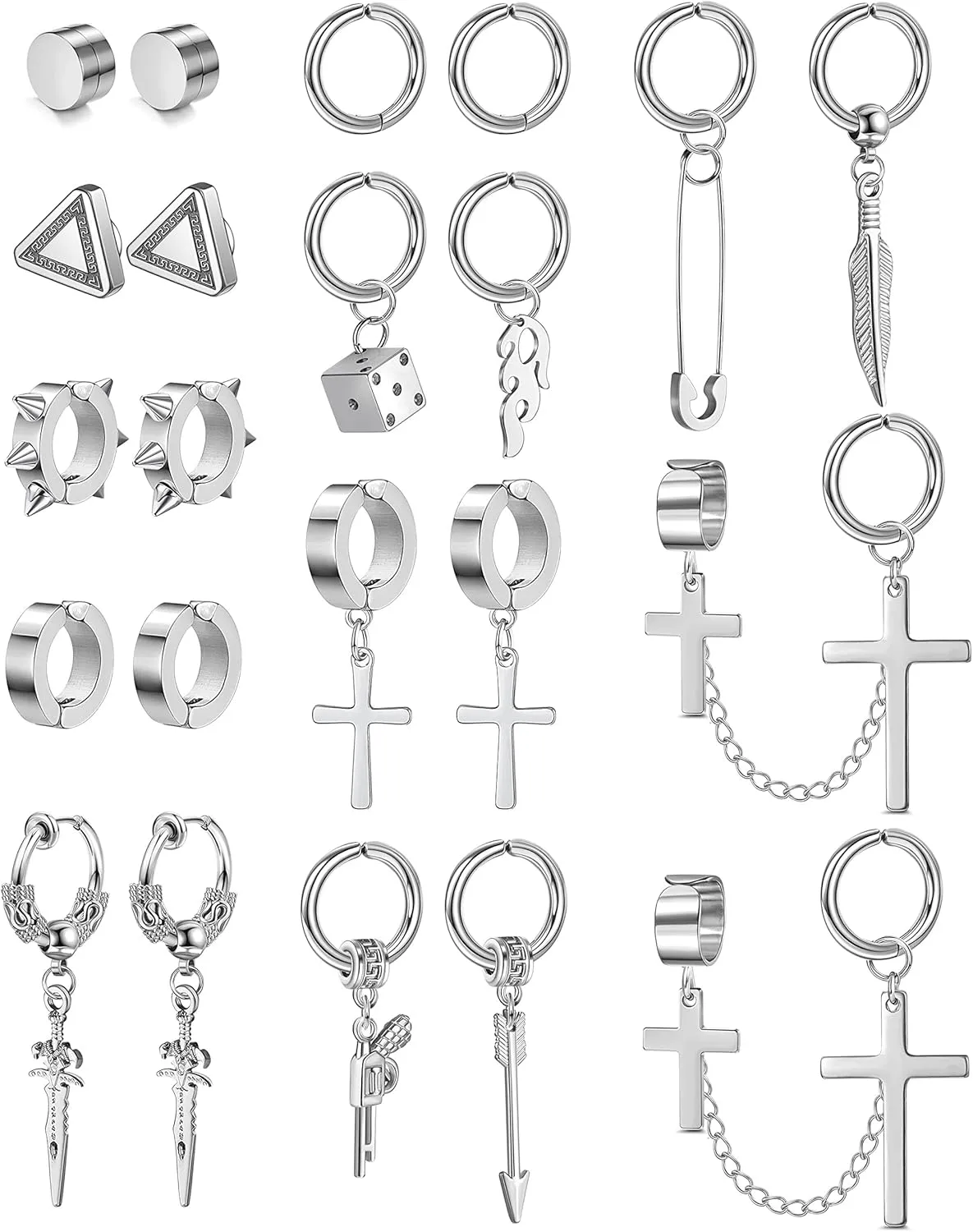 Florideco 22Pcs Stainless Steel Fake Earrings for Men Women Cross Chain Pendant Earring Non-Piercing Huggie Hoop Earrings Set Clip On Earrings for Men Black Fake Earrings