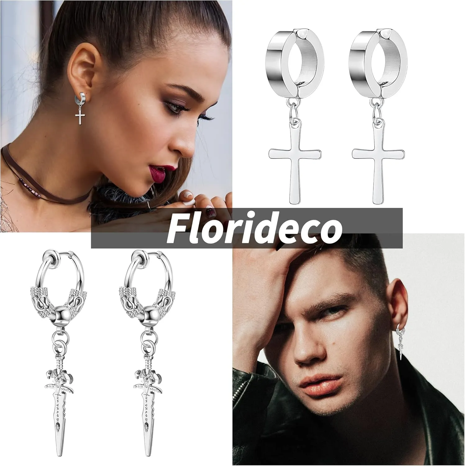 Florideco 22Pcs Stainless Steel Fake Earrings for Men Women Cross Chain Pendant Earring Non-Piercing Huggie Hoop Earrings Set Clip On Earrings for Men Black Fake Earrings