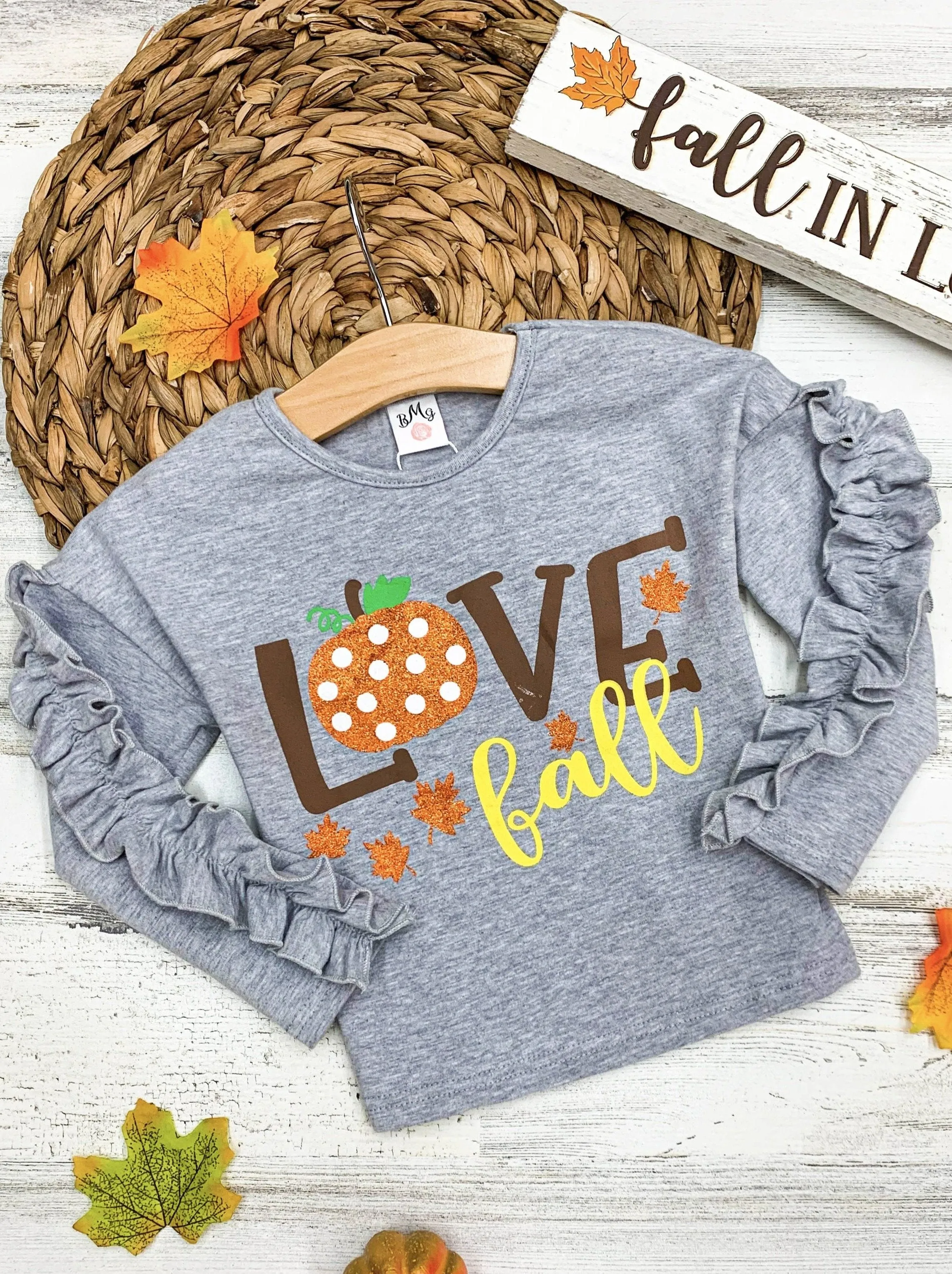 Girls "Love Fall" Pumpkin Ruffle Sleeve Top