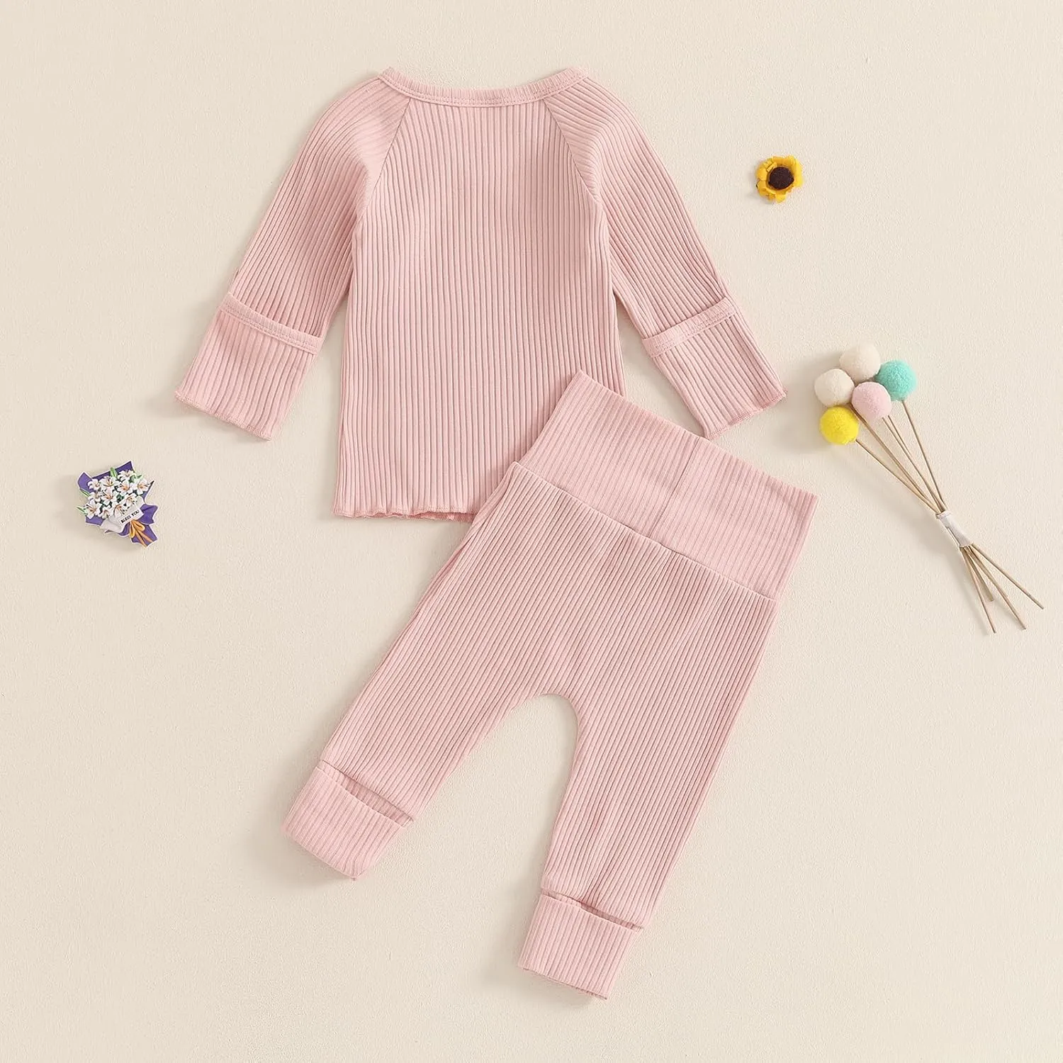 GOOCHEER 2Pcs Newborn Baby Girl Coming Home Outfit Mitten Cuffs Solid Knitted Long Sleeve T-Shirt Tops Pans Set Fall Clothes