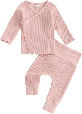 GOOCHEER 2Pcs Newborn Baby Girl Coming Home Outfit Mitten Cuffs Solid Knitted Long Sleeve T-Shirt Tops Pans Set Fall Clothes