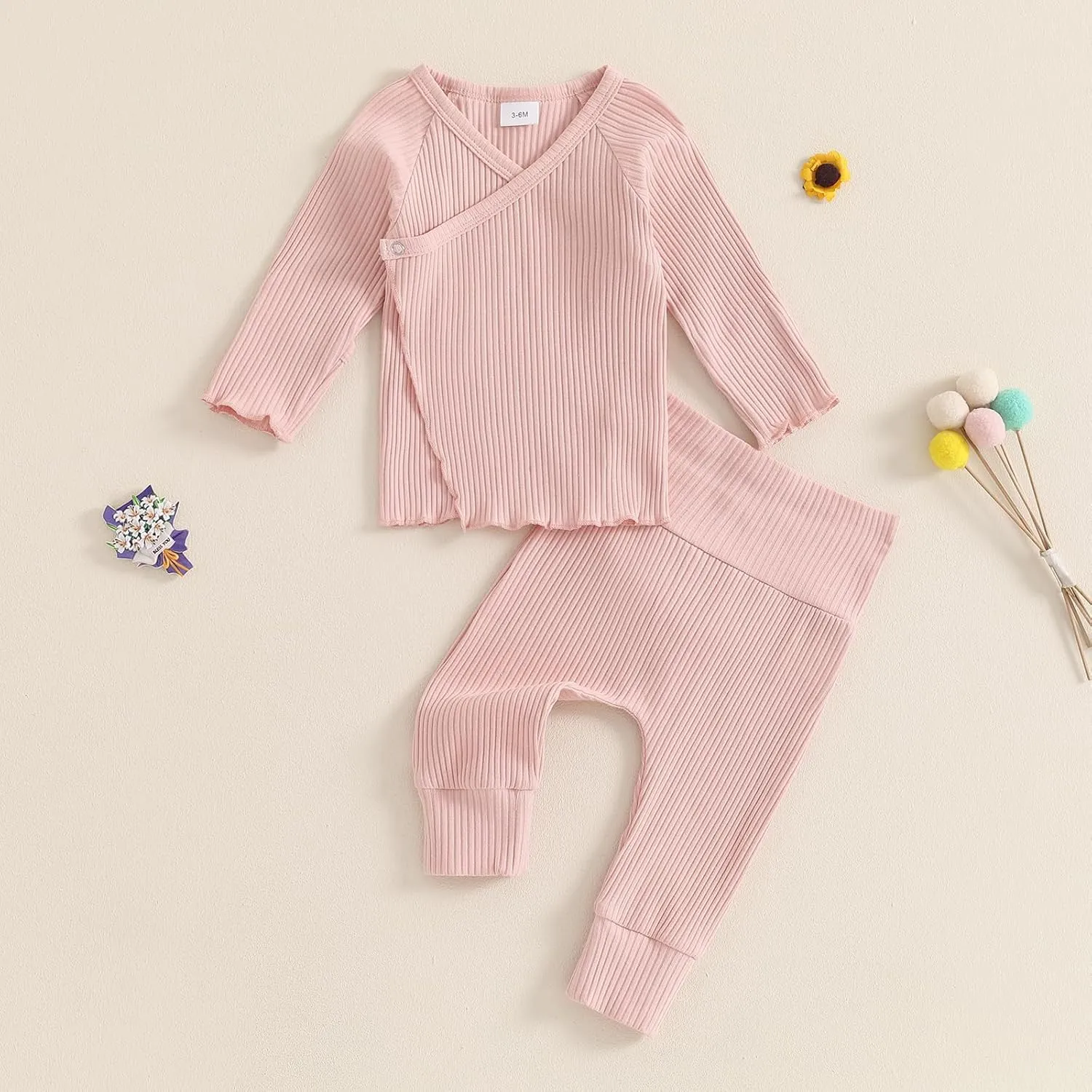 GOOCHEER 2Pcs Newborn Baby Girl Coming Home Outfit Mitten Cuffs Solid Knitted Long Sleeve T-Shirt Tops Pans Set Fall Clothes