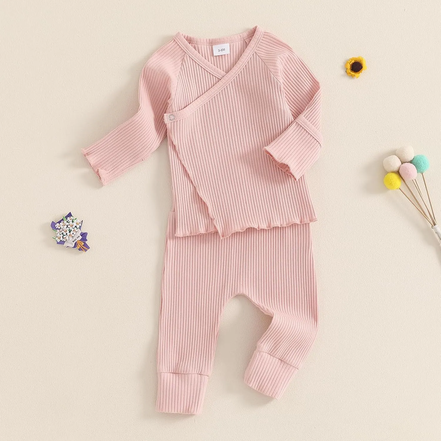 GOOCHEER 2Pcs Newborn Baby Girl Coming Home Outfit Mitten Cuffs Solid Knitted Long Sleeve T-Shirt Tops Pans Set Fall Clothes