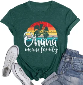 Hawaiian Shirts Women Ohana Means Family Shirt Hawaii Tropical Graphic Tees Summer Beach Tops Vacation Camping Outfits