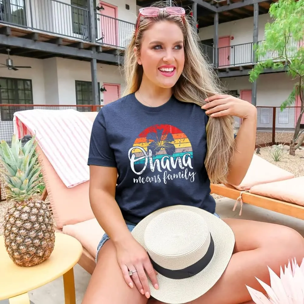 Hawaiian Shirts Women Ohana Means Family Shirt Hawaii Tropical Graphic Tees Summer Beach Tops Vacation Camping Outfits