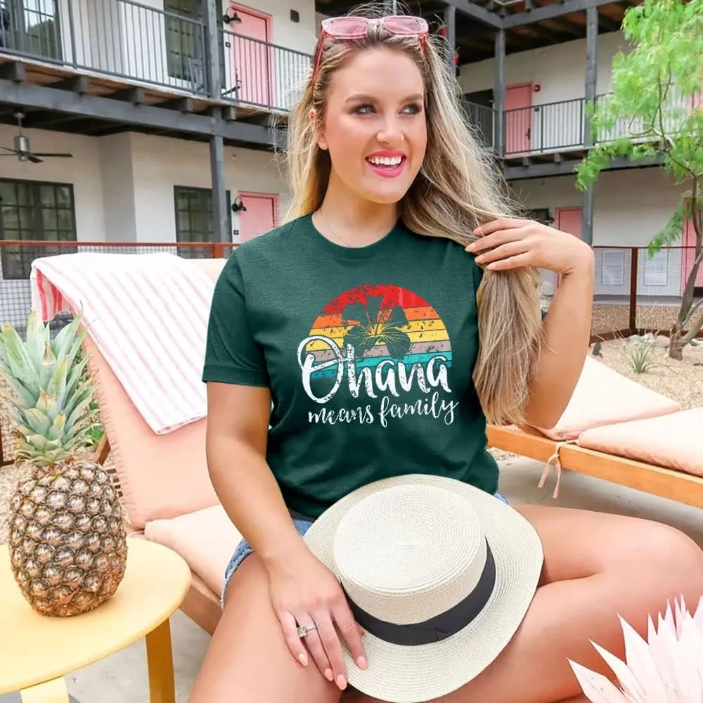 Hawaiian Shirts Women Ohana Means Family Shirt Hawaii Tropical Graphic Tees Summer Beach Tops Vacation Camping Outfits
