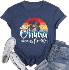 Hawaiian Shirts Women Ohana Means Family Shirt Hawaii Tropical Graphic Tees Summer Beach Tops Vacation Camping Outfits