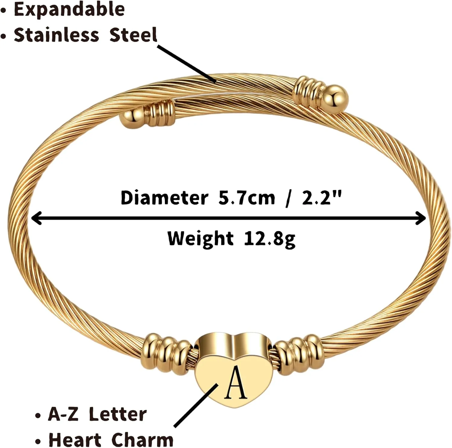 Initial Letter A to Z Gold Love Heart Bangle Cuff Bracelet for Women Alphabet Family Name Stainless Steel