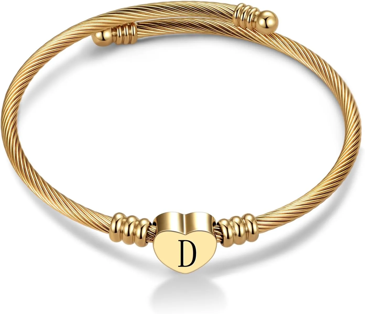 Initial Letter A to Z Gold Love Heart Bangle Cuff Bracelet for Women Alphabet Family Name Stainless Steel