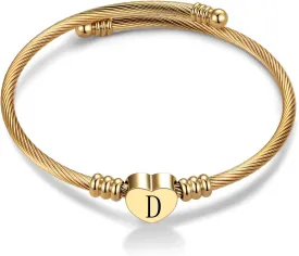 Initial Letter A to Z Gold Love Heart Bangle Cuff Bracelet for Women Alphabet Family Name Stainless Steel
