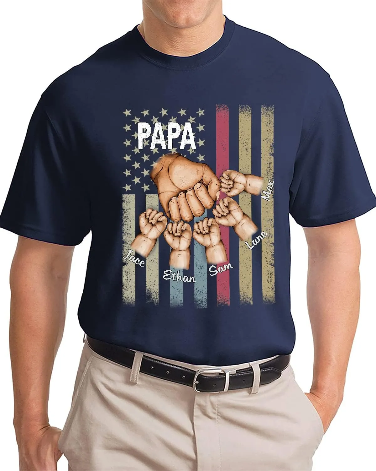 IZI POD - Personalized Papa Kids Grandkids Name T-Shirt for Men,Custom Papa Birthday Christmas for Grandpa