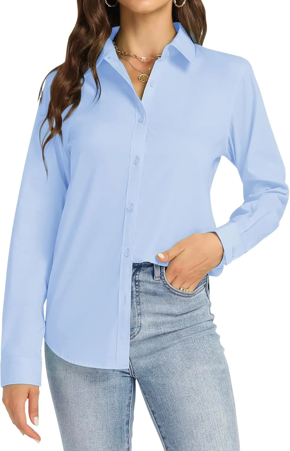 J.VER Womens Button Down Shirt Long Sleeve Dress Shirts Stretch Solid Work Blouse Collared Shirts for Business Office