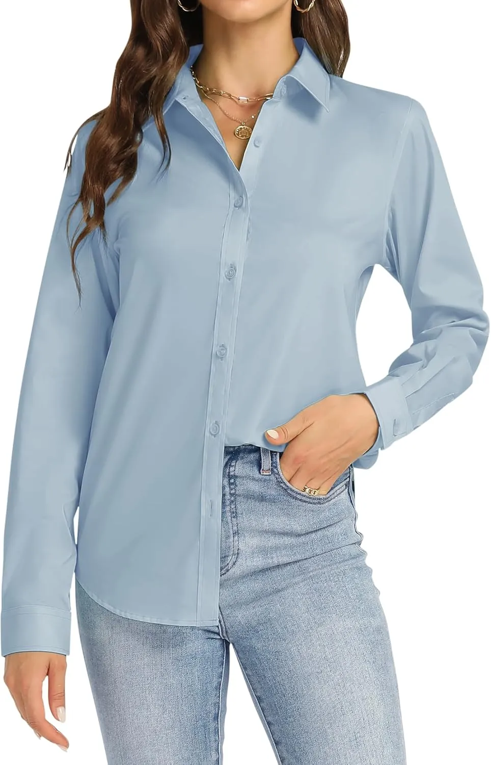 J.VER Womens Button Down Shirt Long Sleeve Dress Shirts Stretch Solid Work Blouse Collared Shirts for Business Office