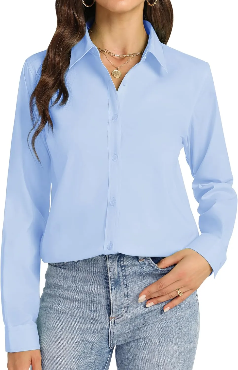 J.VER Womens Button Down Shirt Long Sleeve Dress Shirts Stretch Solid Work Blouse Collared Shirts for Business Office