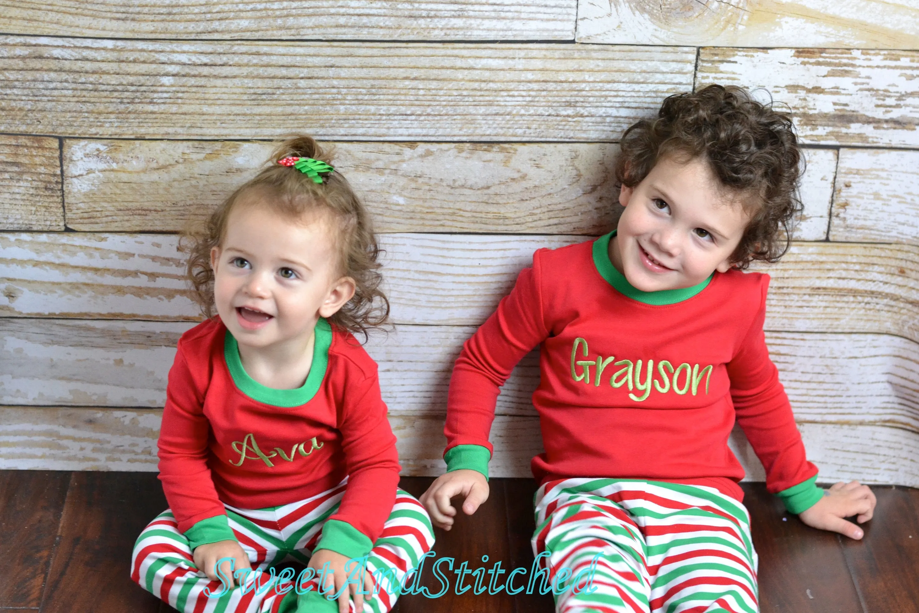 Kids Christmas Pajamas (Pjs, Jammies) in red and green stripe with name