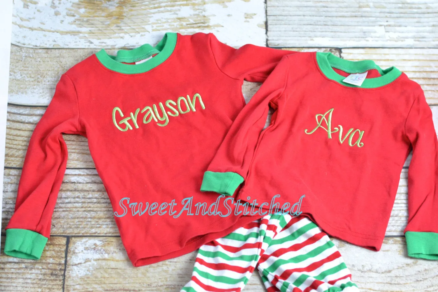 Kids Christmas Pajamas (Pjs, Jammies) in red and green stripe with name