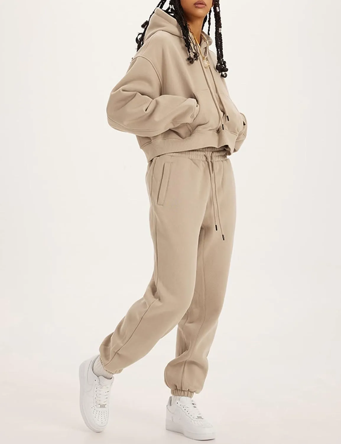 Kissonic Women's Fleece Jogger Sets 2 Pieces Sweatsuits Outfits Crop Top Hoodies Jogger Pants
