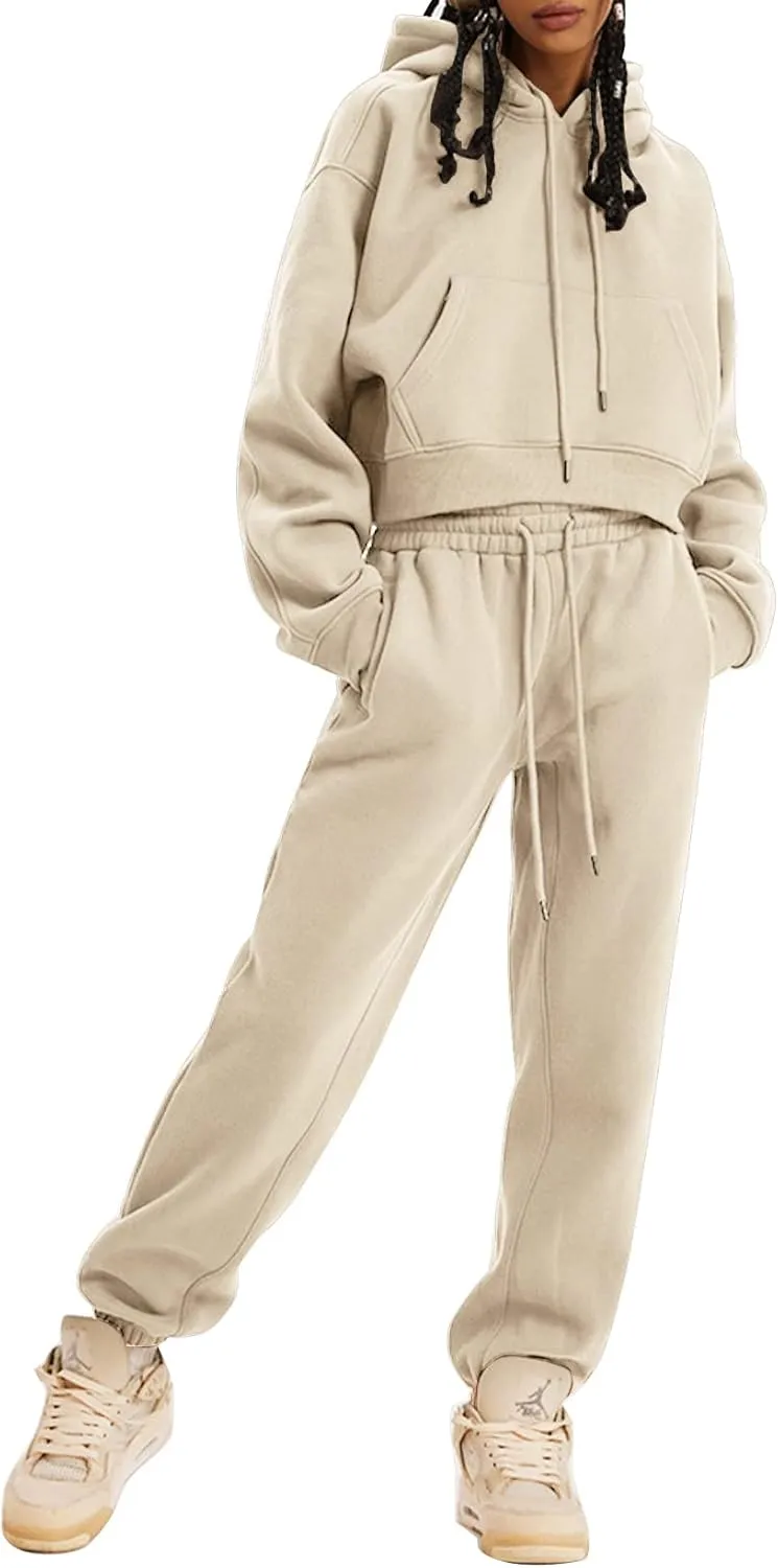 Kissonic Women's Fleece Jogger Sets 2 Pieces Sweatsuits Outfits Crop Top Hoodies Jogger Pants