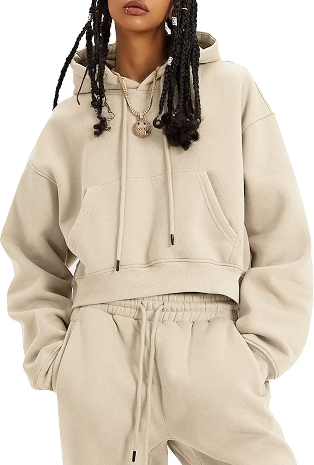 Kissonic Women's Fleece Jogger Sets 2 Pieces Sweatsuits Outfits Crop Top Hoodies Jogger Pants