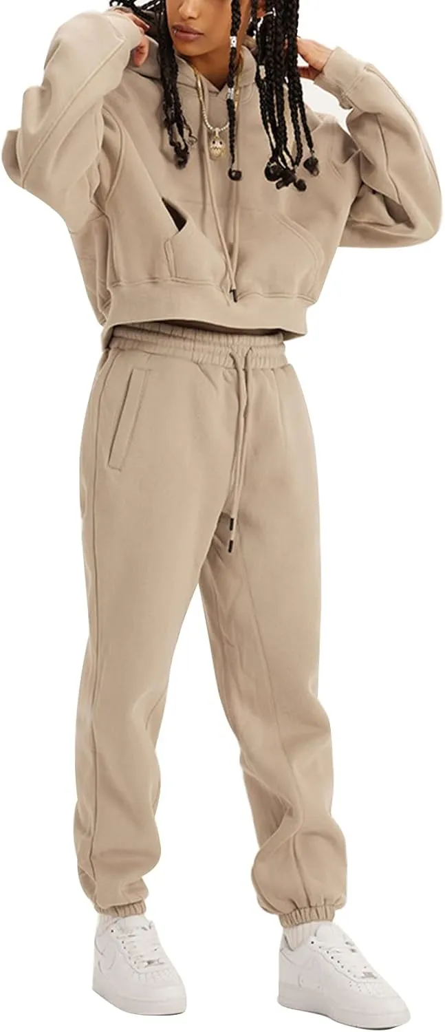 Kissonic Women's Fleece Jogger Sets 2 Pieces Sweatsuits Outfits Crop Top Hoodies Jogger Pants