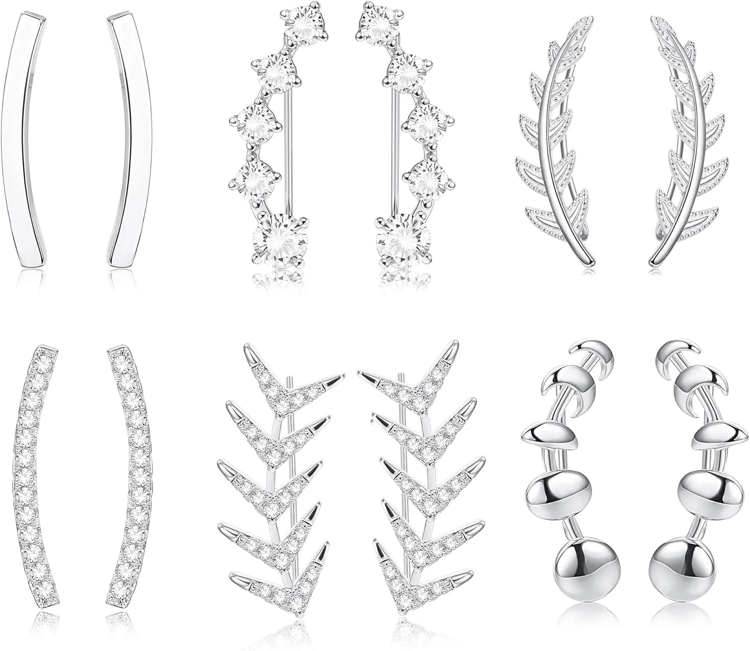 LOYALLOOK 6 Pairs Ear Cuffs Hoop Climber Earrings for Women CZ Leaf Crawler Stud Earring Ball Arrow Cuff Earrings Set