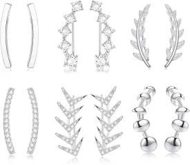 LOYALLOOK 6 Pairs Ear Cuffs Hoop Climber Earrings for Women CZ Leaf Crawler Stud Earring Ball Arrow Cuff Earrings Set