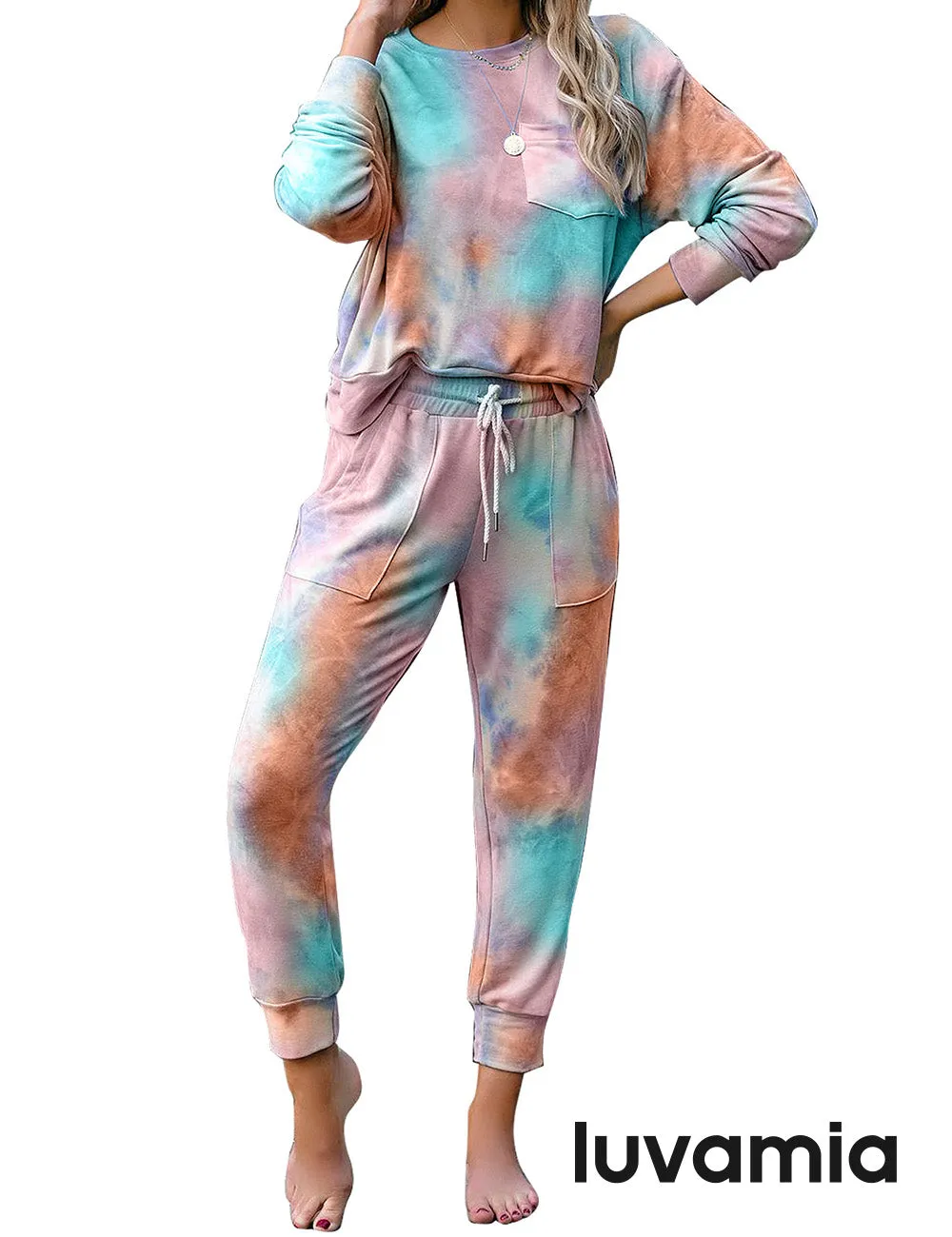luvamia Women Tie Dye Pajama Sets Long Sleeve Tops and Pants PJ Sets Joggers Loungewear Sleepwear