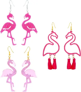 NEWITIN 3 Pairs Pink Flamingo Earrings for Women Cute Glitter Flamingo Dangle Earring Acrylic Drop Dangle Earrings Statement Drop Earring Lightweight Boho Jewelry for Women