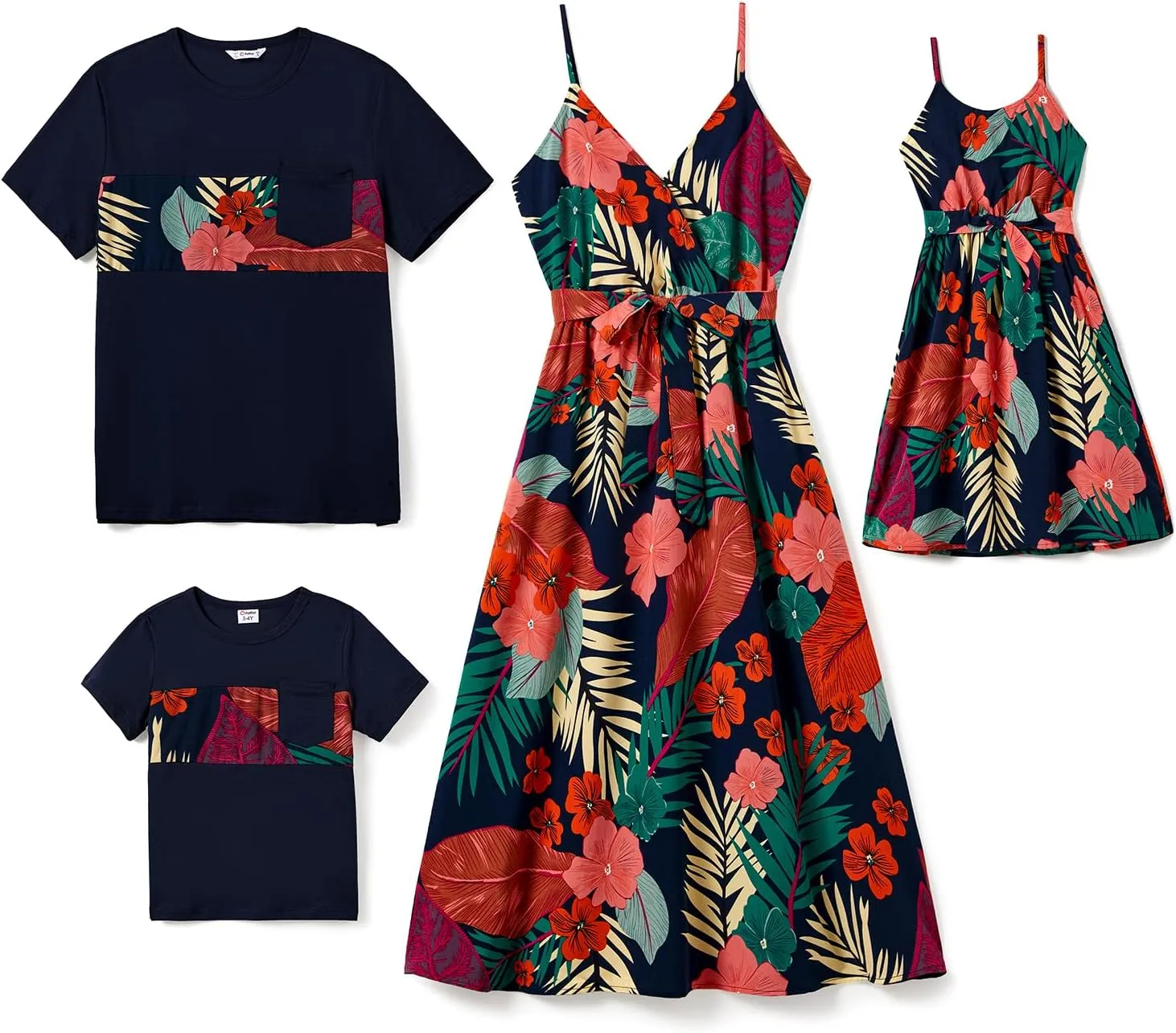 PATPAT Family Matching Outfits Mommy and Me Dresses Hawaiian Tropical Vacation Beach Spaghetti Strap Dress and Shirt