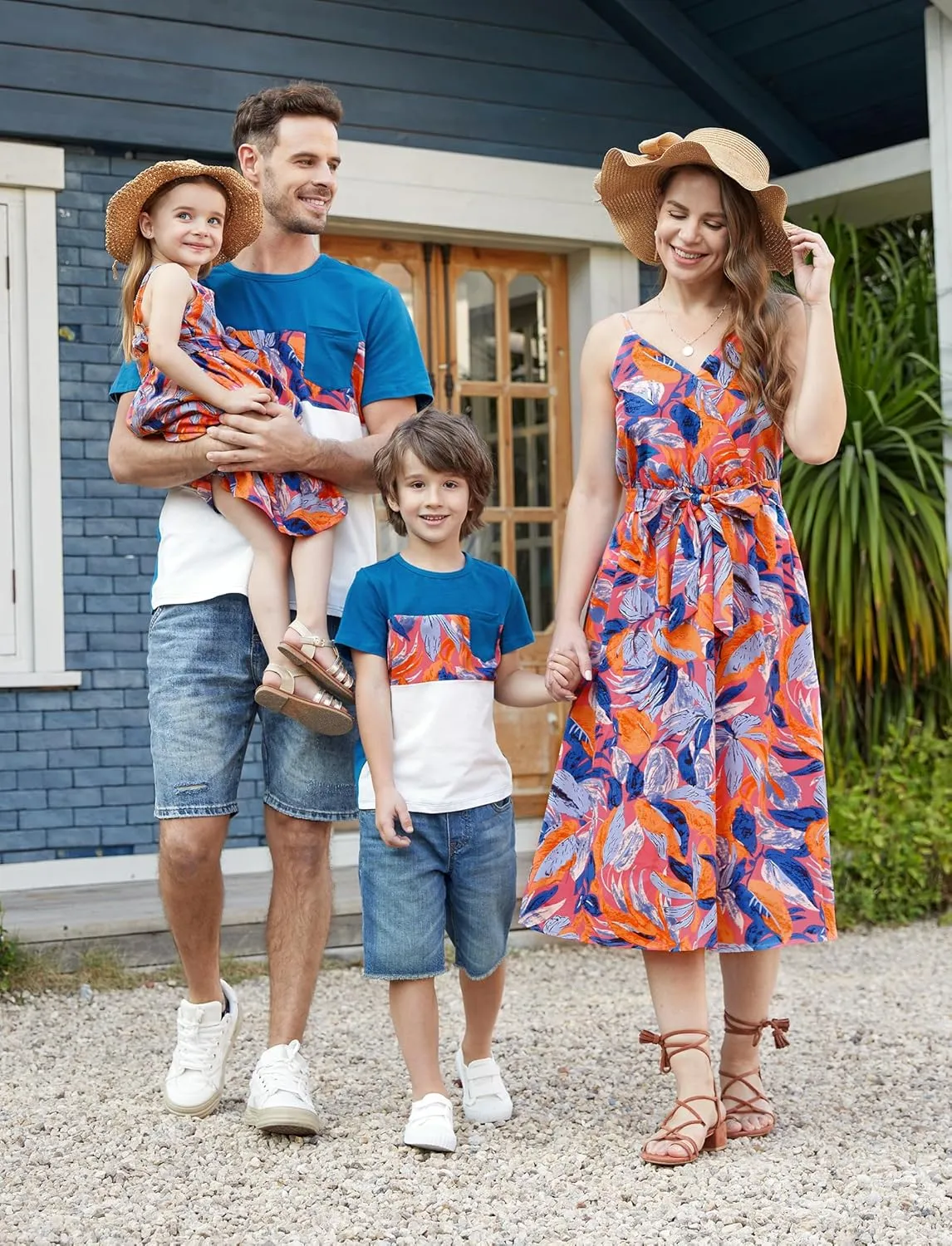 PATPAT Family Matching Outfits Mommy and Me Dresses Hawaiian Tropical Vacation Beach Spaghetti Strap Dress and Shirt