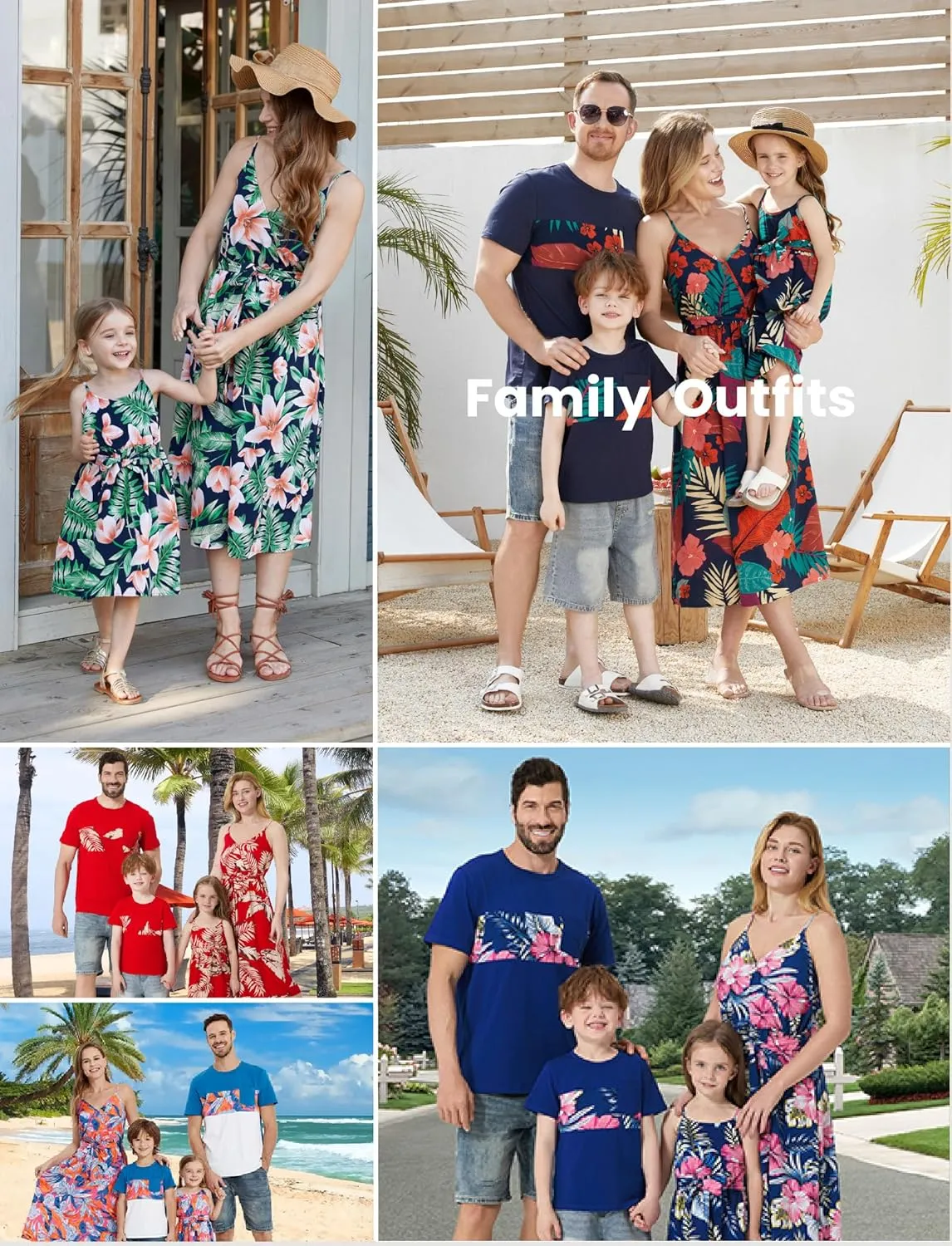 PATPAT Family Matching Outfits Mommy and Me Dresses Hawaiian Tropical Vacation Beach Spaghetti Strap Dress and Shirt